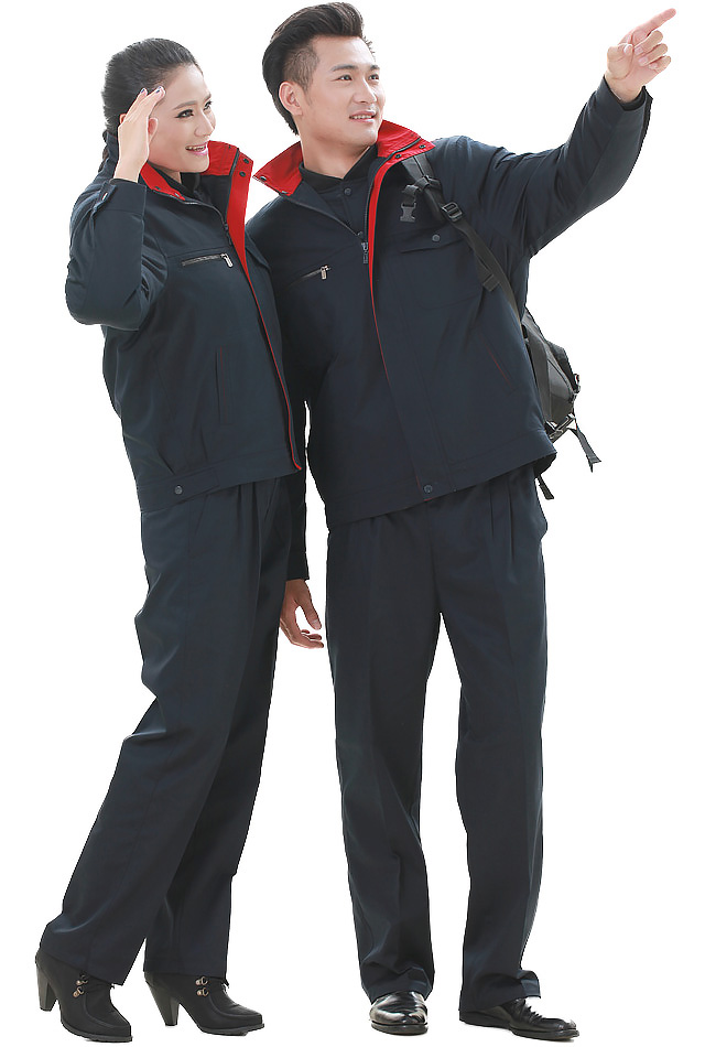 洪瑞 KG-313款藏藍拼大紅精格服飾 滌棉紗卡藏藍拼大紅短款棉衣工作服,勞保服,工裝,現貨